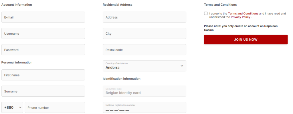 Registratie en login bij Napoleon Casino